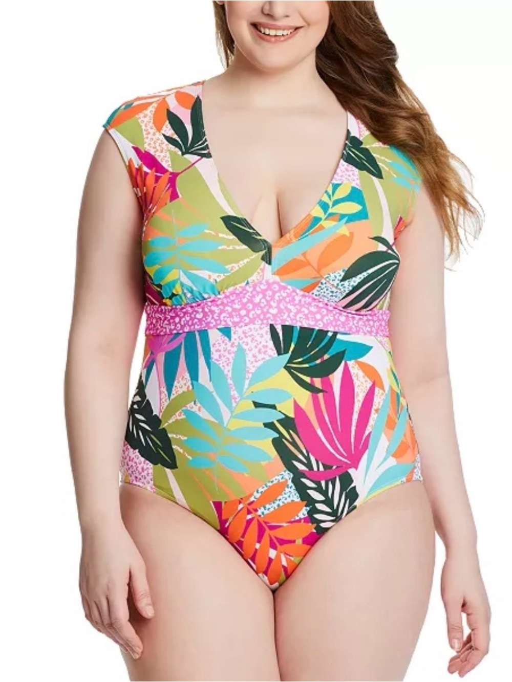 Bleu Rod Beattie Tropical Leaf Print One-Piece Swimsuit in Pink, Green, Blue